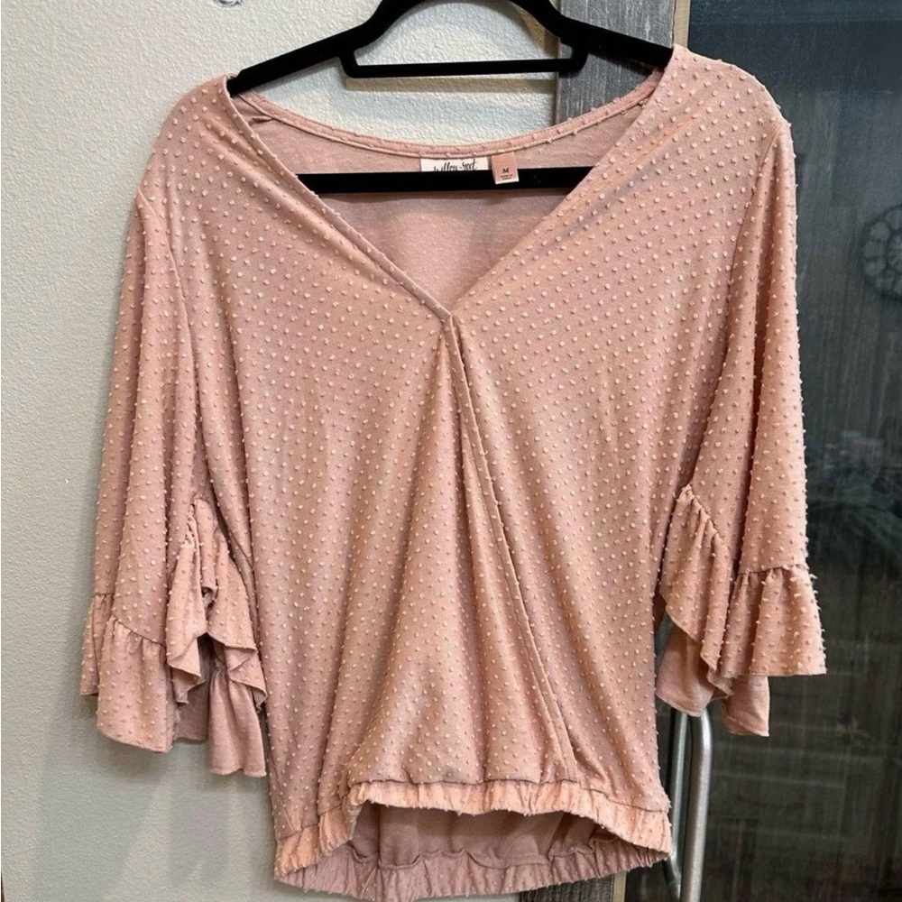Pink Asymmetrical Ruffle Sleeve Blouse